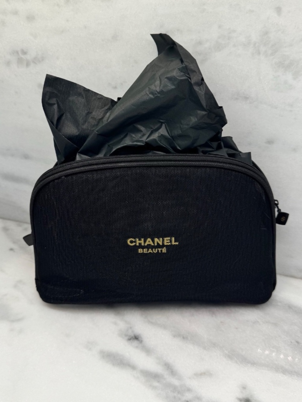 SUPER CUTE Large Chanel Beaute' Mesh Makeup Cosmetic Bag Pouch New!